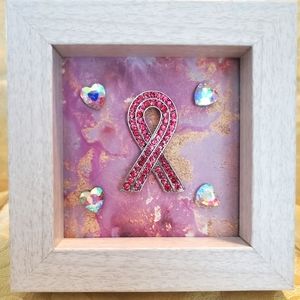 Jeweled Pink Ribbon with Iridescent Hearts in a 4 X 4 Frame!